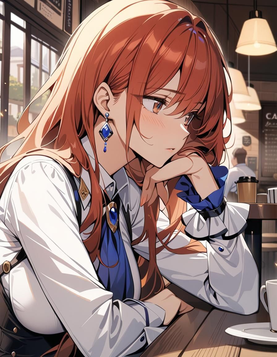 Bored Woman with Red Hair in Cafe