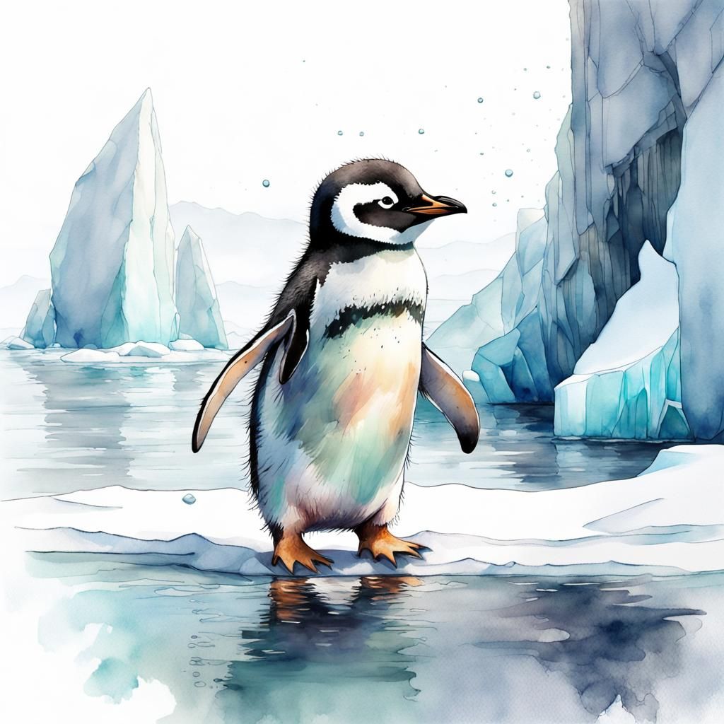 Adorable Penguin Fishing at Arctic Sunrise, Watercolor Art