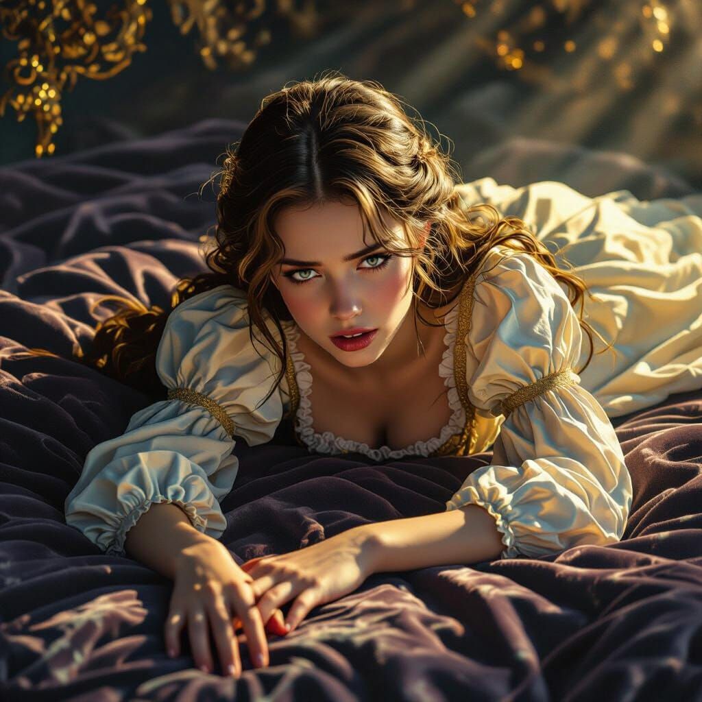 Young Maiden in Golden Light on Crushed Velvet