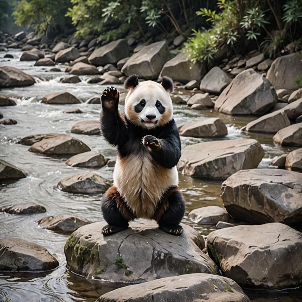 Panda Mid-Stretch in 90s Photo-Realism Style