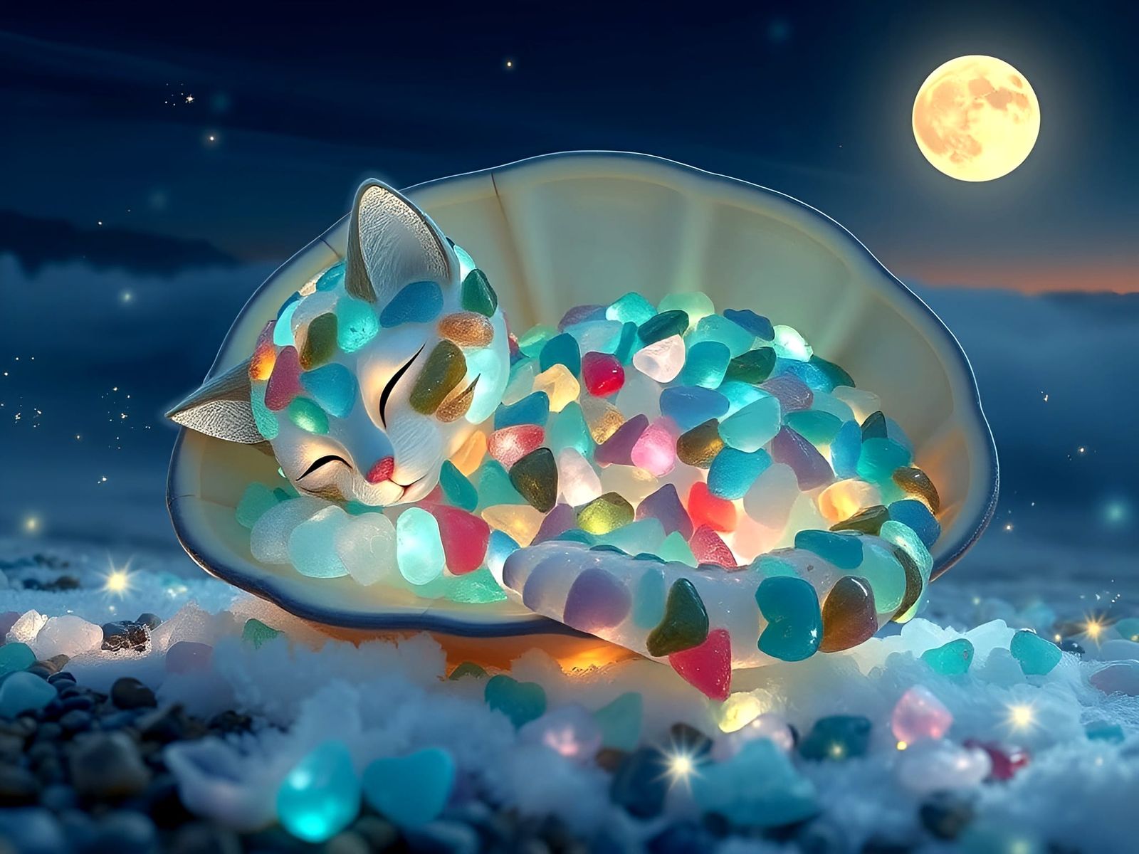 Sea Glass Kitten Sculpture in Giant Shell