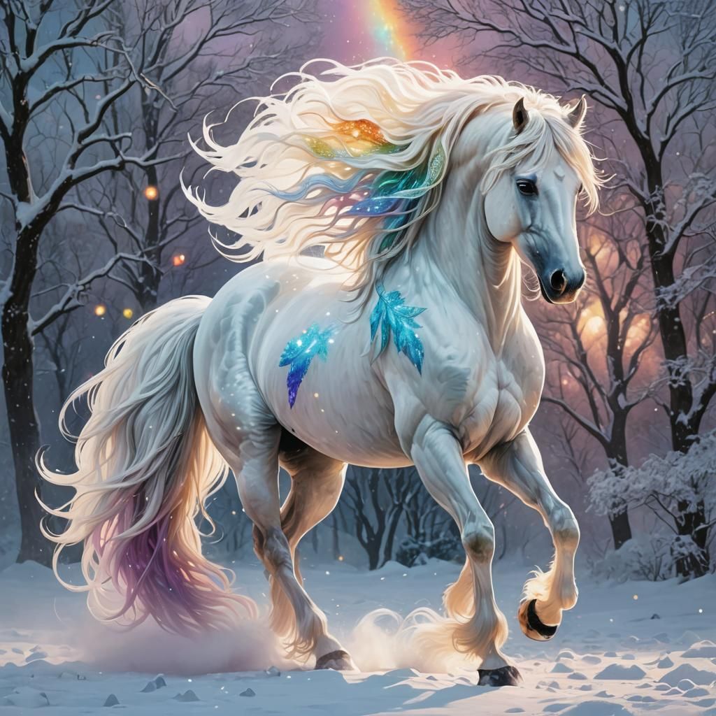 Ethereal Cosmic Stallion in Snowy Clearing