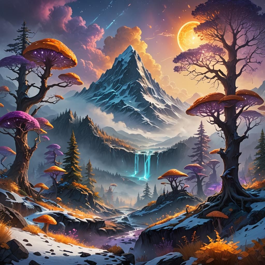 Snow-Capped Mountain with Bioluminescent Forest: Fantasy Art