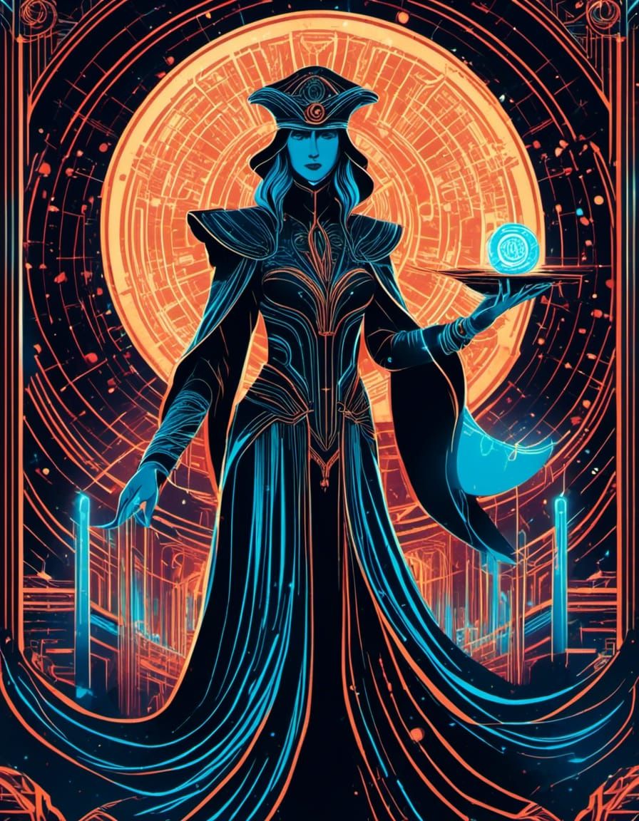 Front of a Tarot card, The Magician, TRON themed. 8K resolution <lora:Trio:1.0>