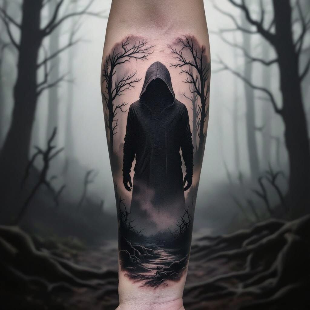 Forearm Tattoo: Hooded Figure in Eerie Forest