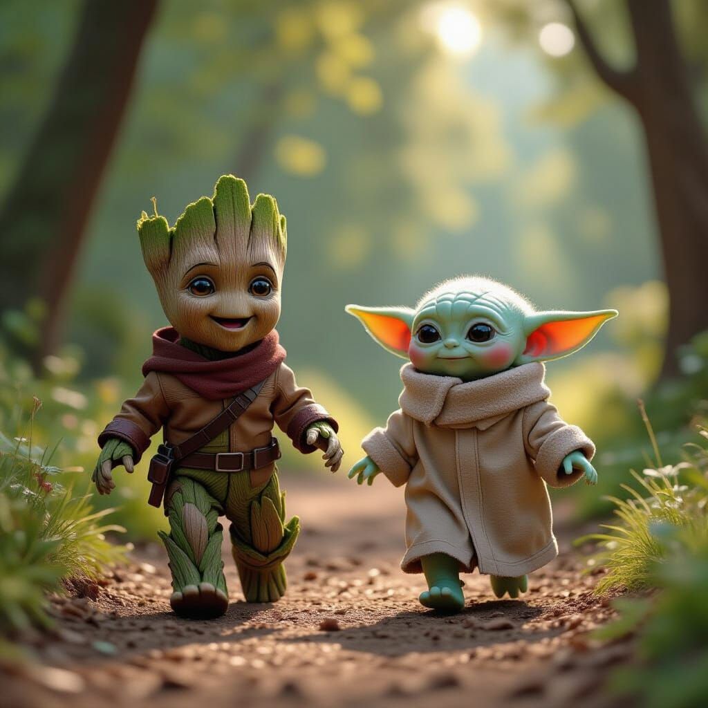 Baby Groot and Grogu in Enchanted Forest