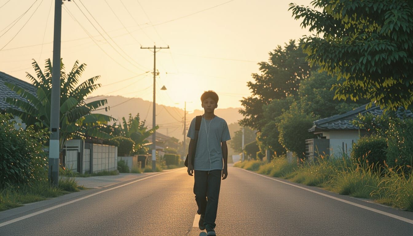 Boy Walking at Sunrise: Cinematic Film Still