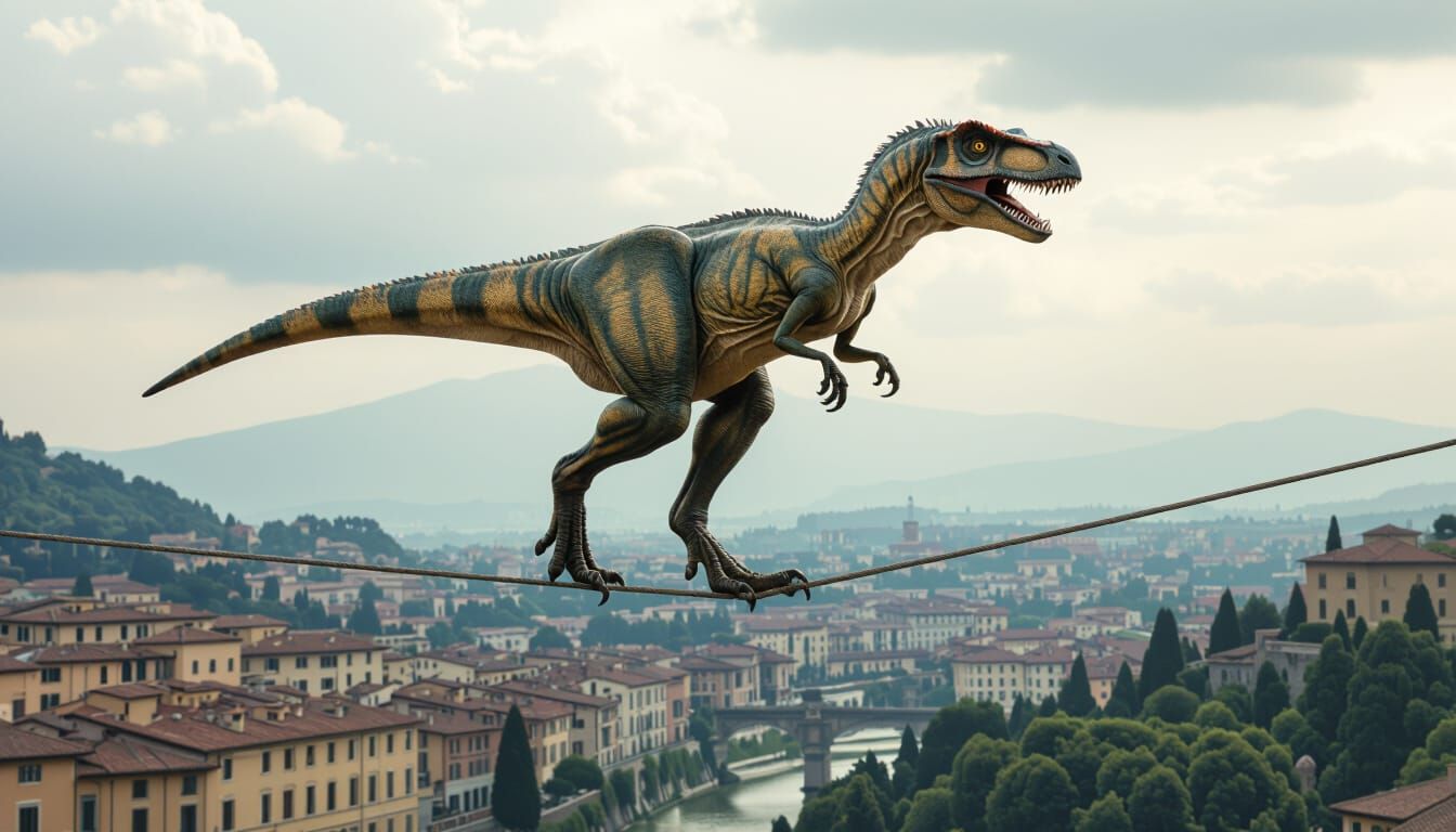 Velociraptor Tightrope Walk Over Italy in Hyperrealistic Sty...