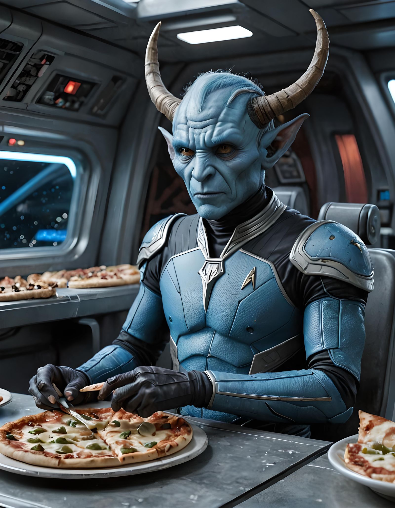 Andorian Alien Enjoys Pizza in Star Trek Scene
