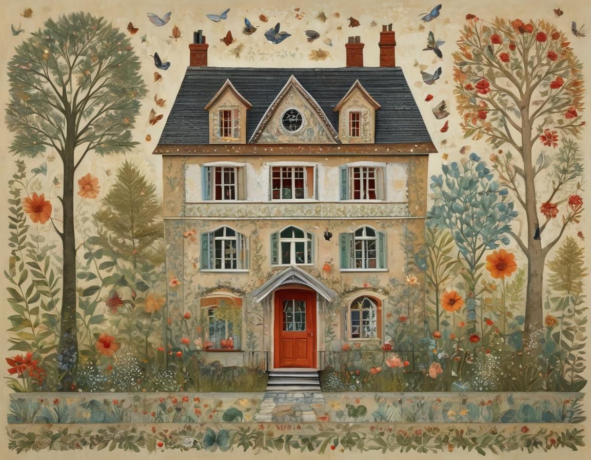 Intricate Cozy Home Illustration in Folk Art Style