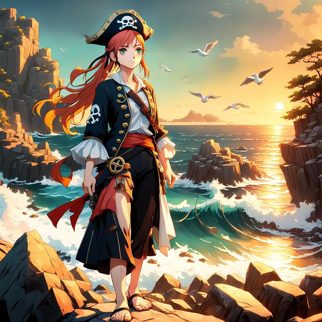 Anime Pirate Girl on Coastline in Ghibli Colors