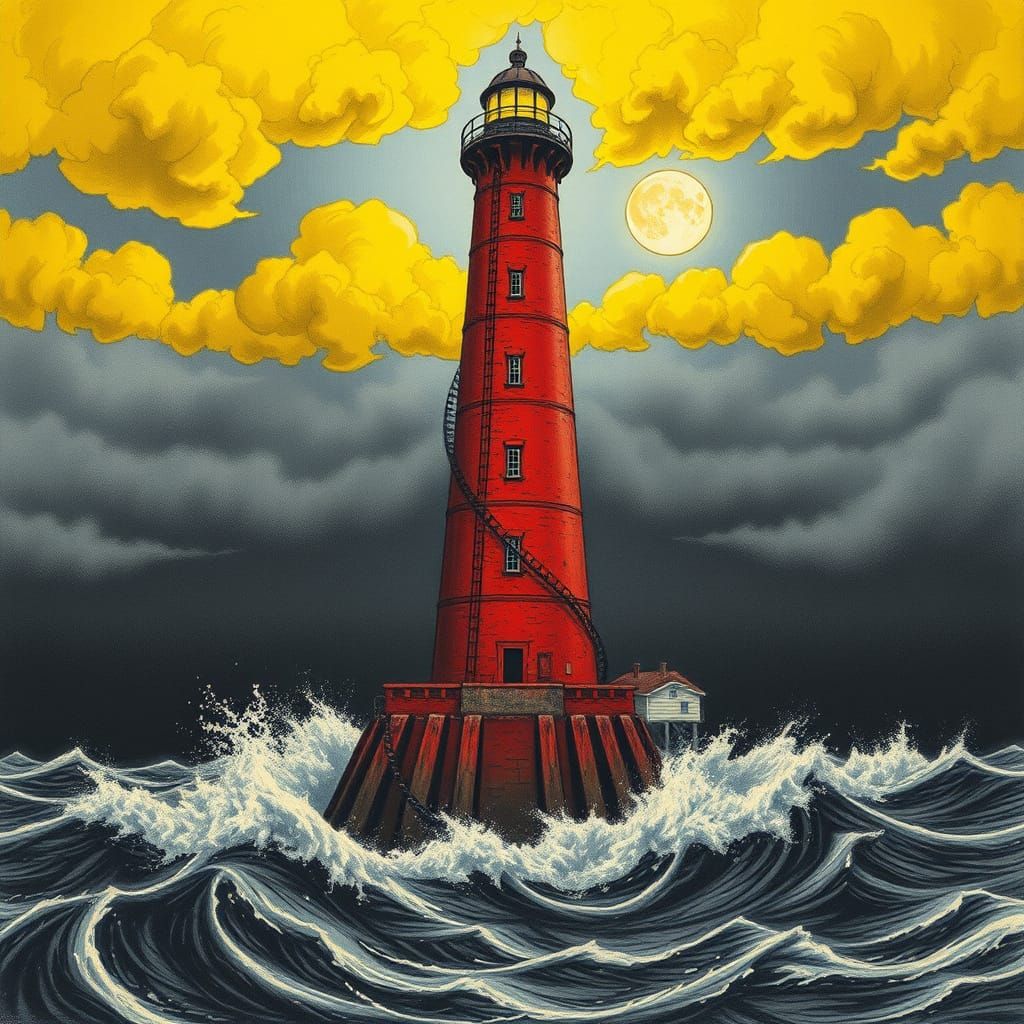 Towering Lighthouse in Raging Sea: Charcoal Drawing