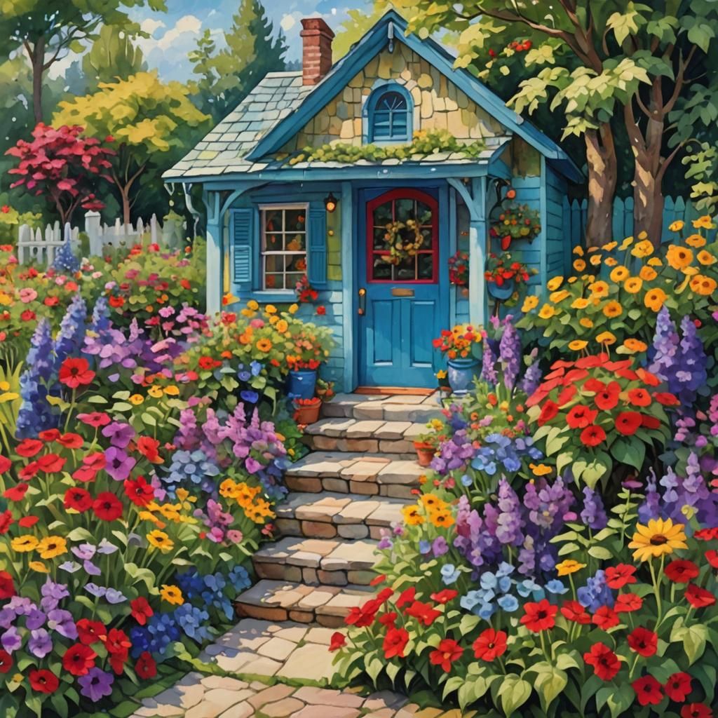 Quaint Blue House in Impressionist Flower Garden