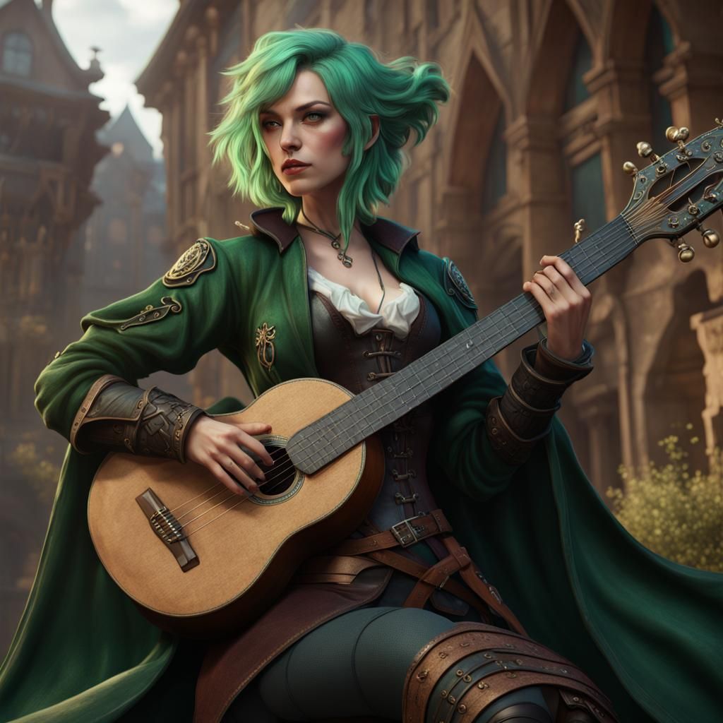 Fantasy Female Bard with Lute in Detailed Painting