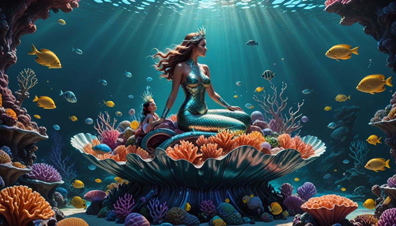Mermaid Queen Surveys Underwater Kingdom in Hyperrealism