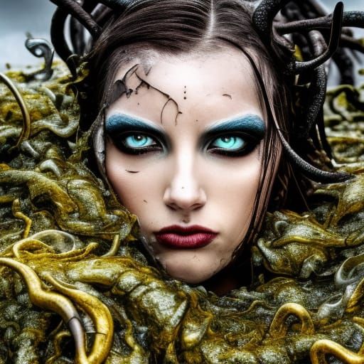 Tiefling Warlock Covered in Seaweed, Hyperrealistic
