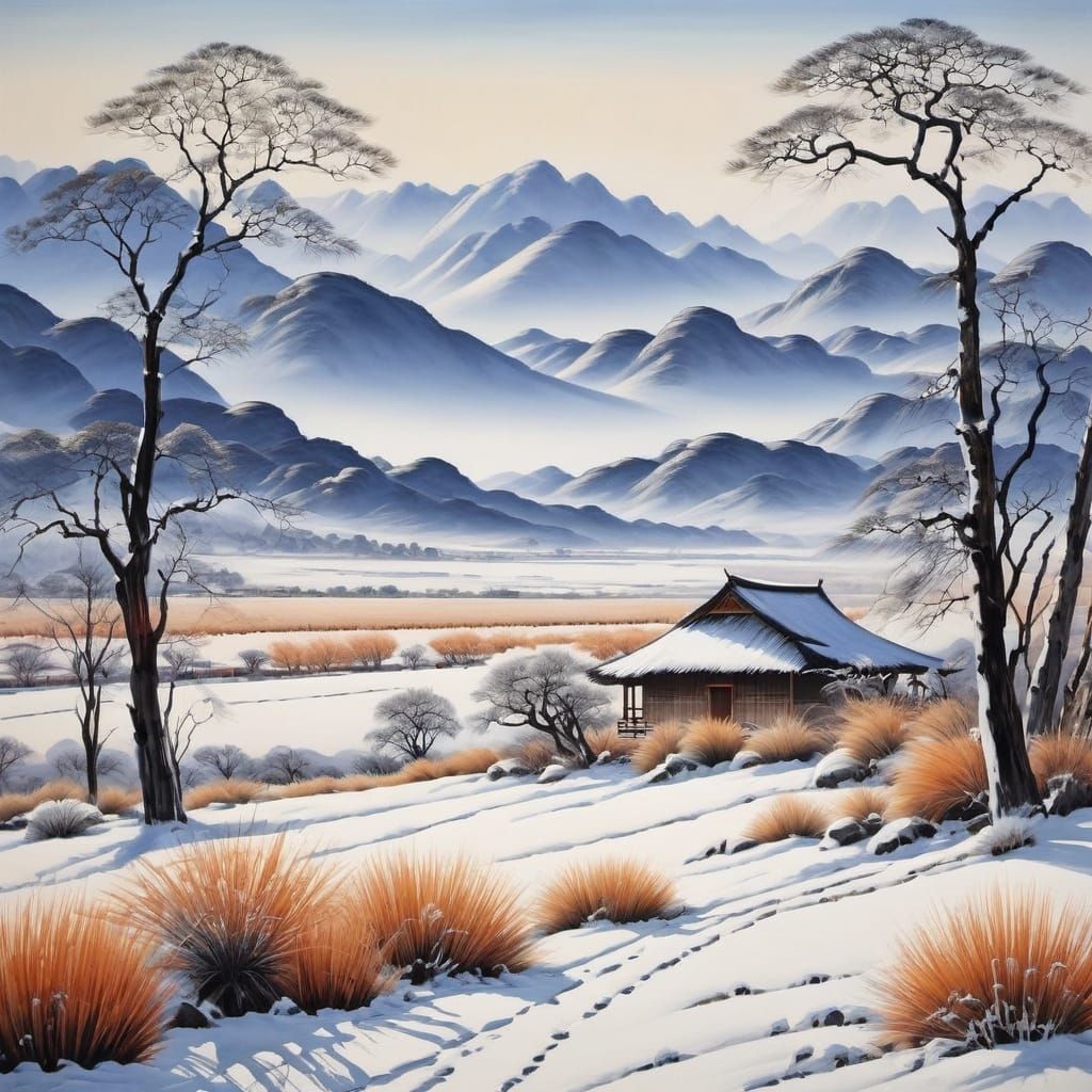 Incredibly detailed snowy landscape of spinifex grass and the bold brushstrokes of Qi Baishi in the background is quiet ...