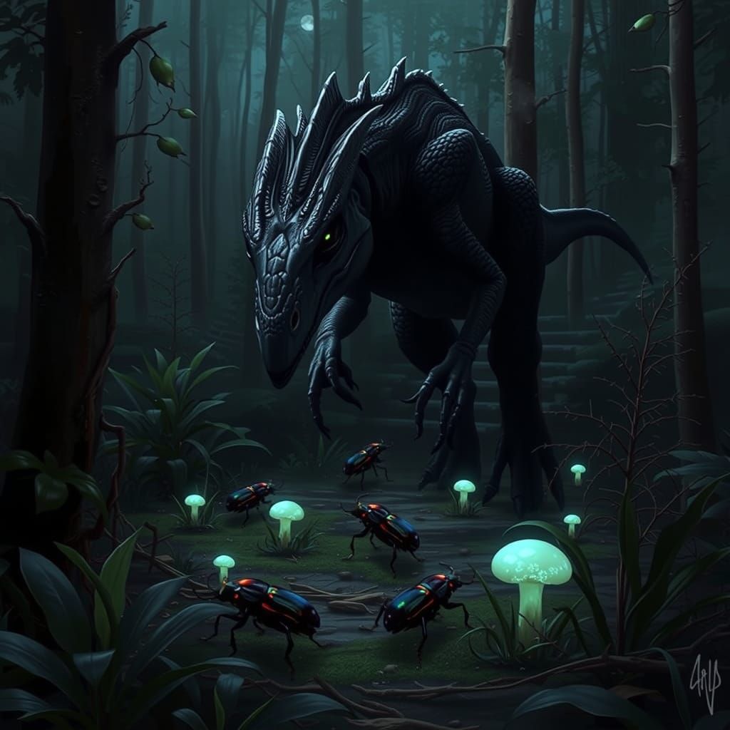 Dark Fantasy Raptor Hunts in a Mystic Forest Under Neon-Gree...