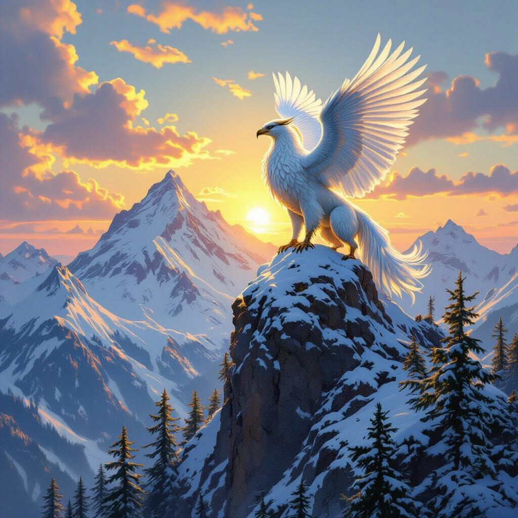 Griffin Surveys Mountain Domain in Hyperrealistic Style