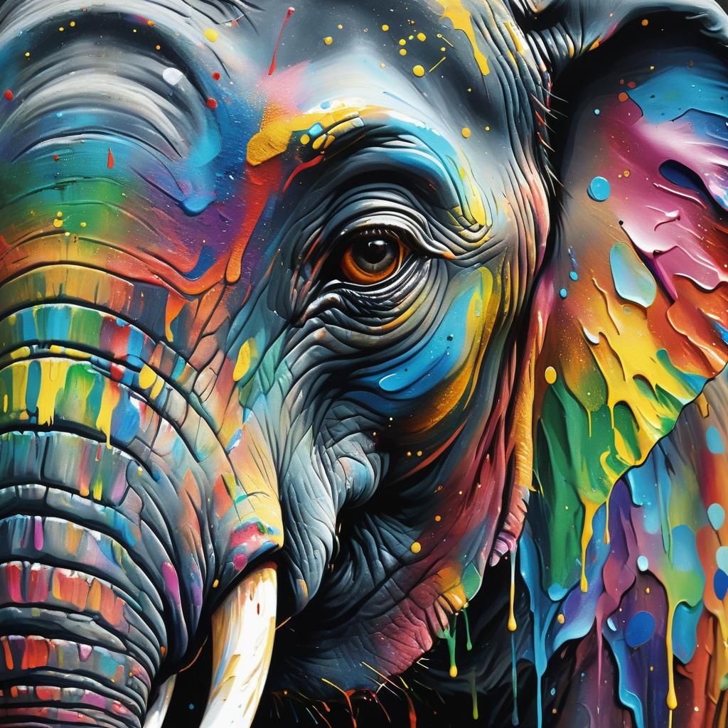 Rainbow Elephant Face in Pour Art Style