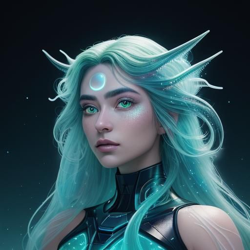 Bioluminescent Woman with Bubble Hair in Sci-Fi Portrait