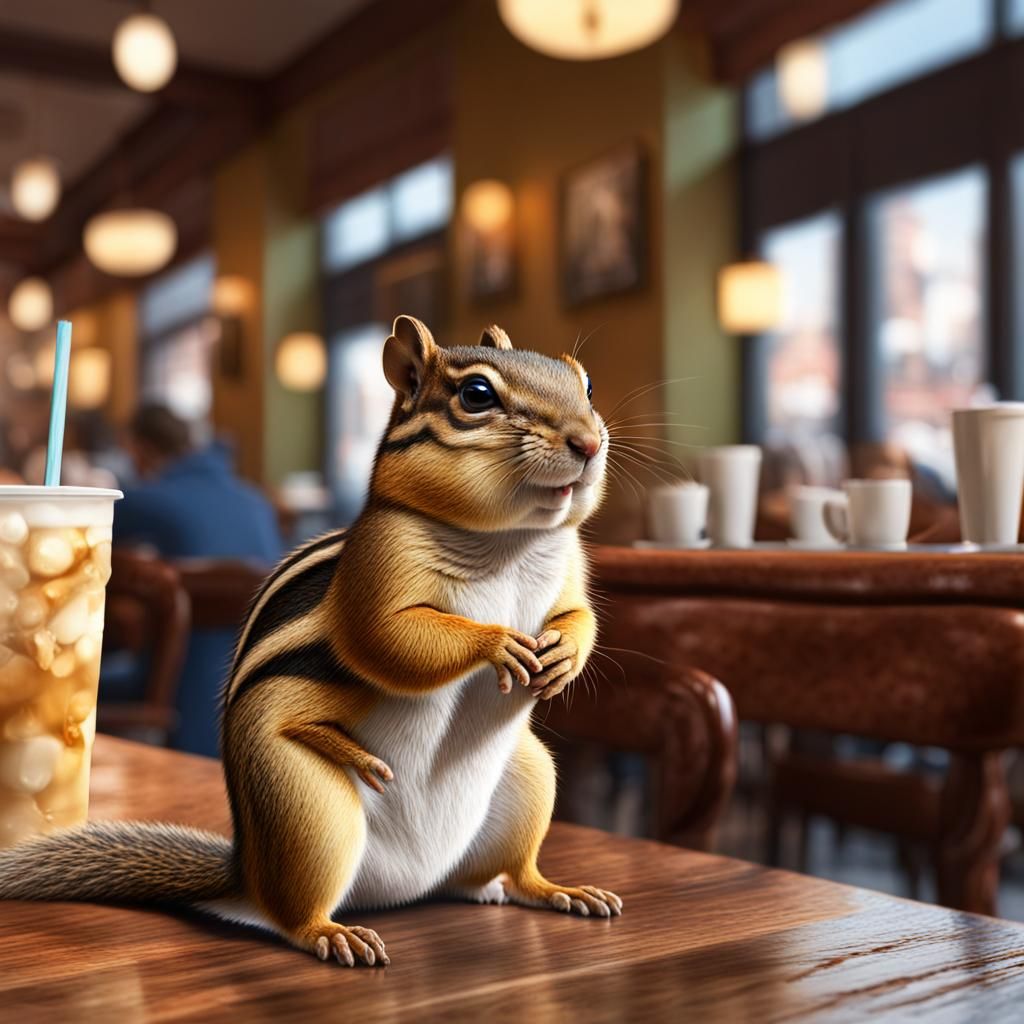 Chipmunk Crowned Prince in Cafe: Hyperrealistic Splash Art