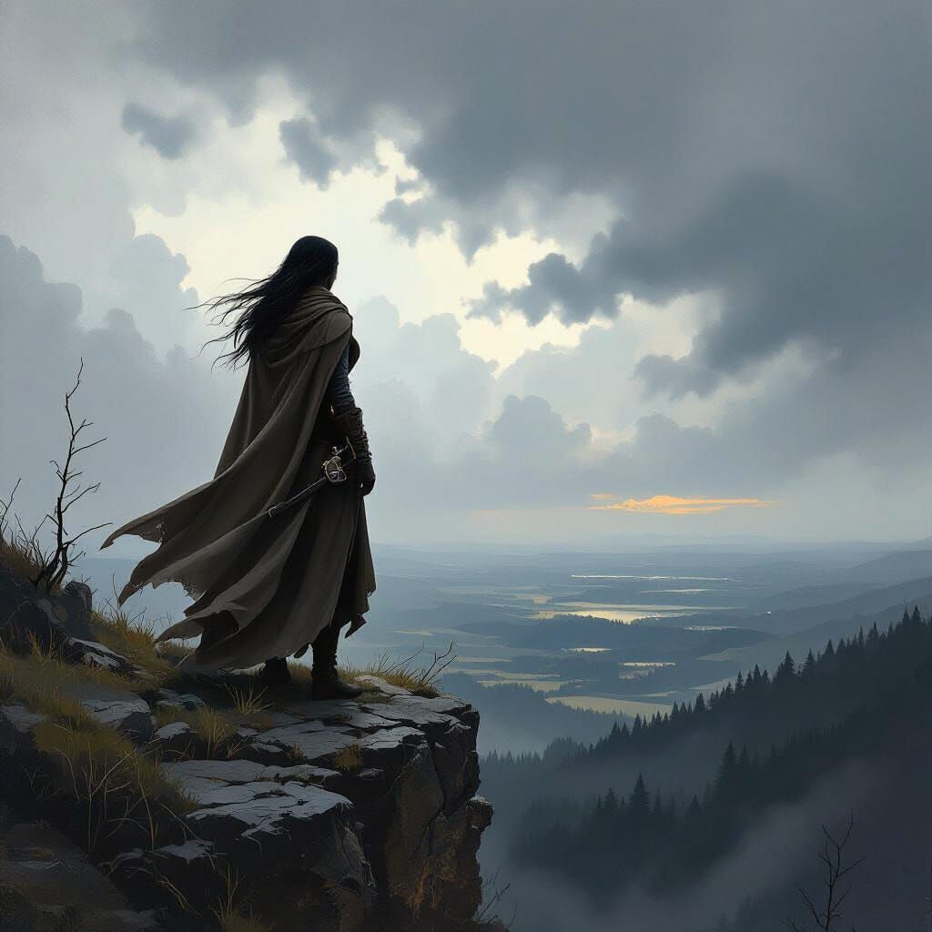 Drow Ranger on Cliff Overlooking Forest, Expressive Style