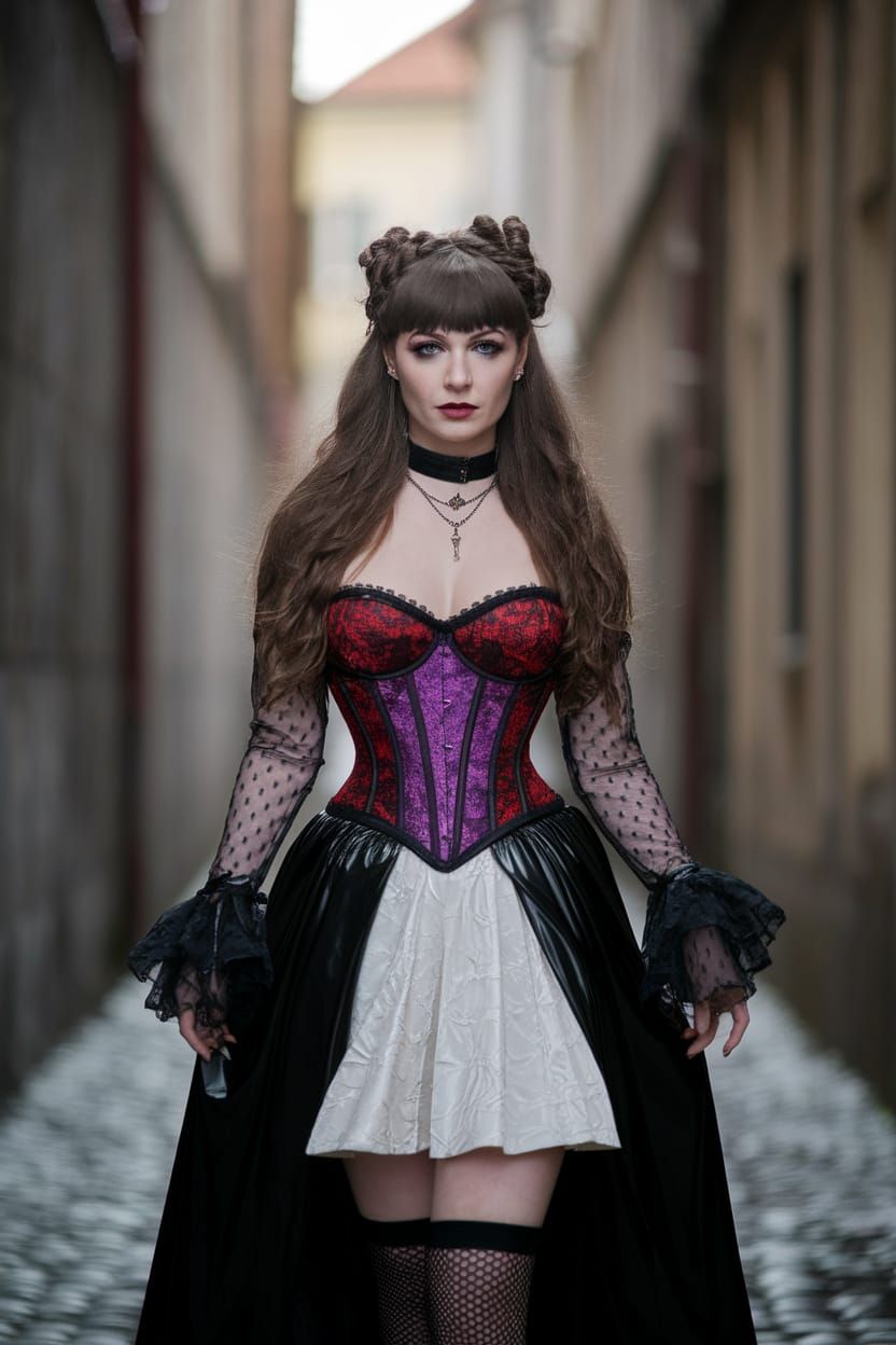 Victorian Woman in Corset Walking Down Old Street
