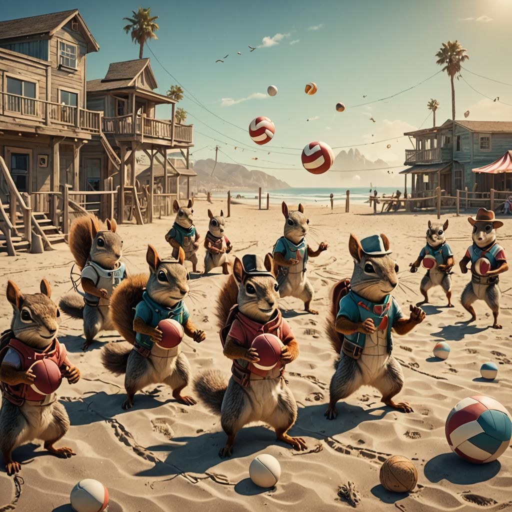 Cowboy Squirrels Play Beach Volleyball in Retro-Futuristic S...