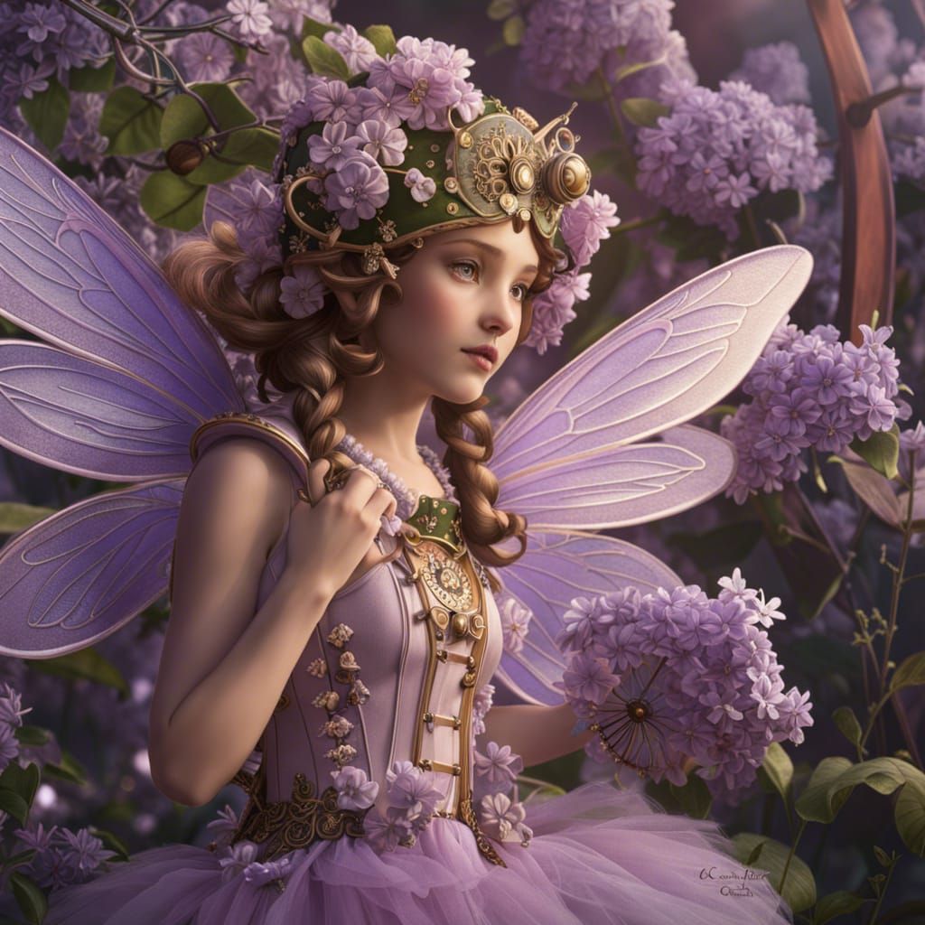 Steampunk Lilac Fairy with Intricate Mechanical Details