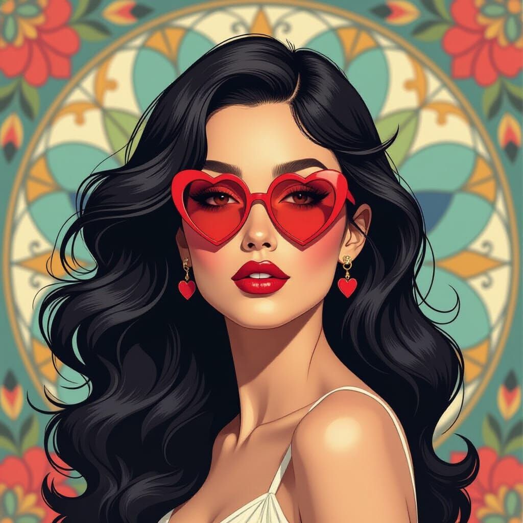 Art Nouveau Woman with Geometric Floral Background