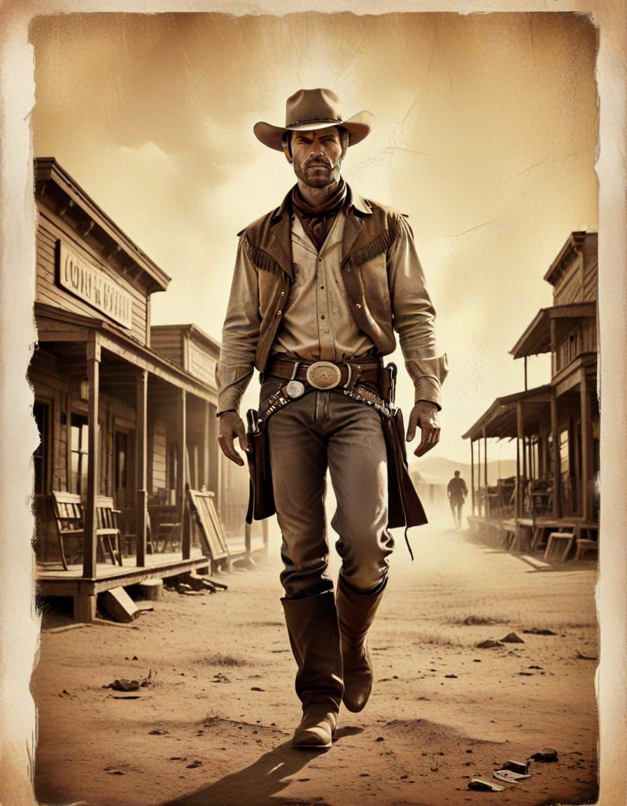 Vintage Cowboy Poster in Dusty Frontier Town