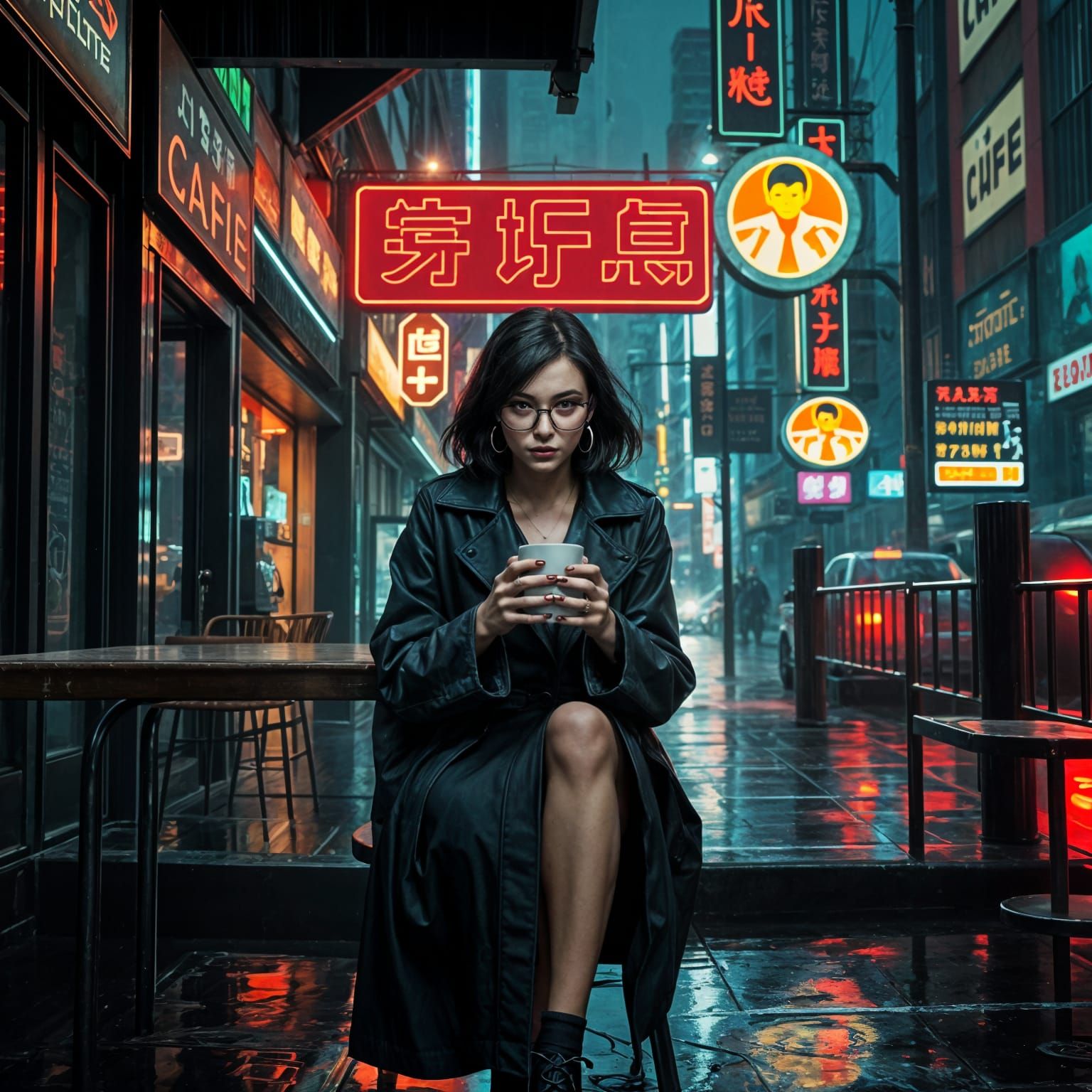 Cyberpunk Night Cafe Scene in Moody Lighting