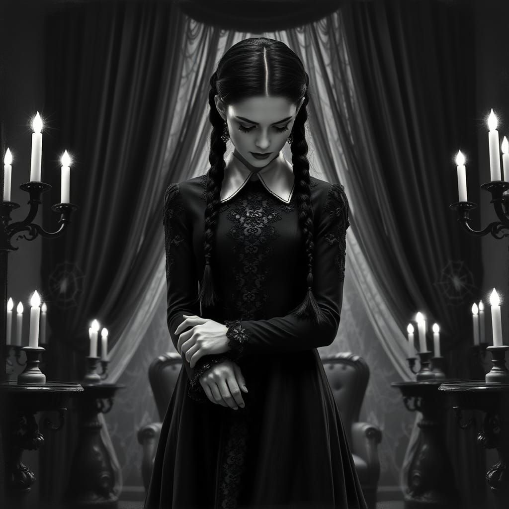 Wednesday Addams Black and White Ink Art