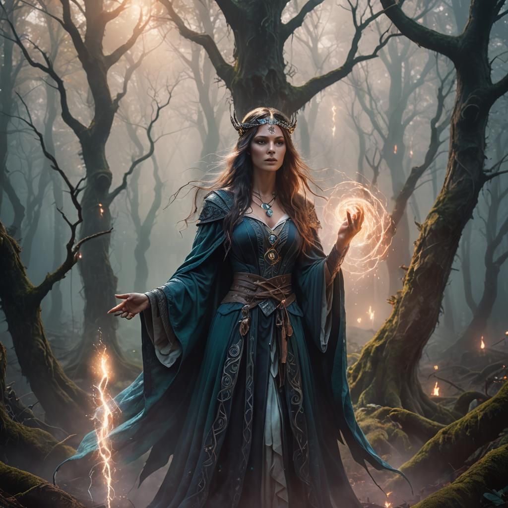 Ethereal Sorceress in Mystical Forest