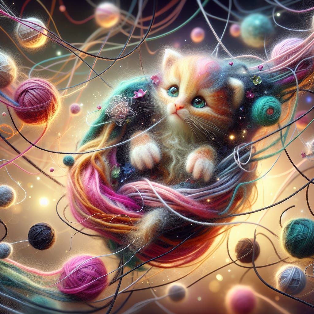 Whimsical Felted Wool Kitten in Enchanted Satin Webs