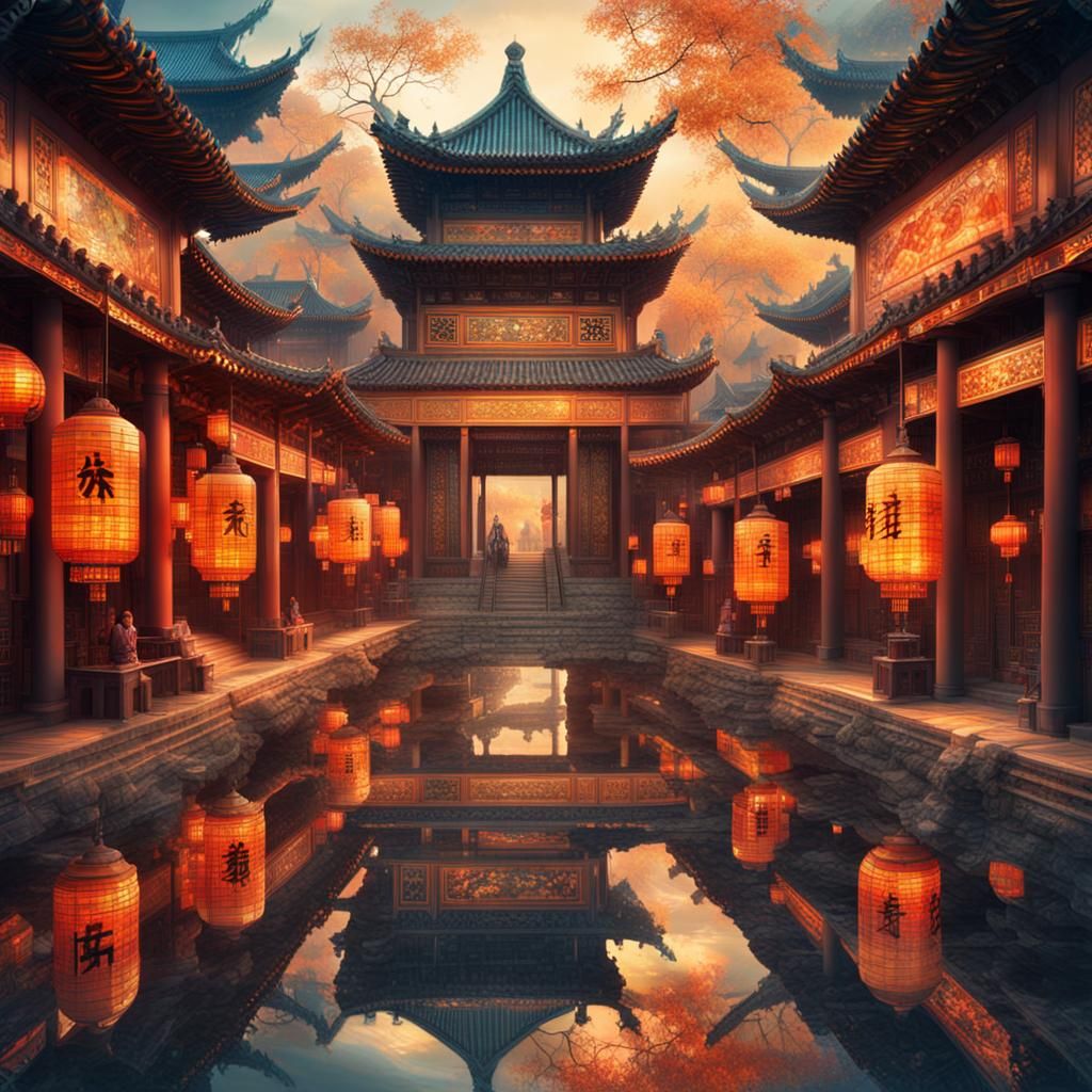 Chinese Mosaic Art: Double Exposure Scene