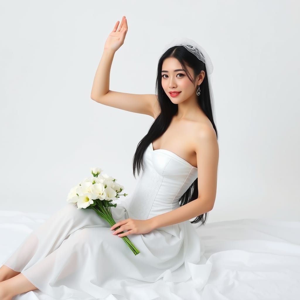 Chinese Woman in White Holding Flowers and Veil