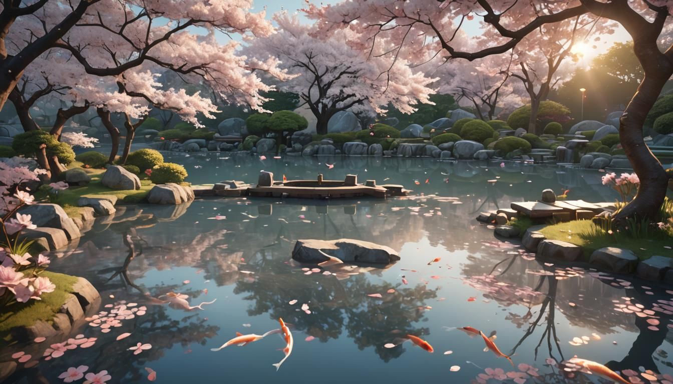 Cherry Blossoms over Koi Pond: 3D Anime Art