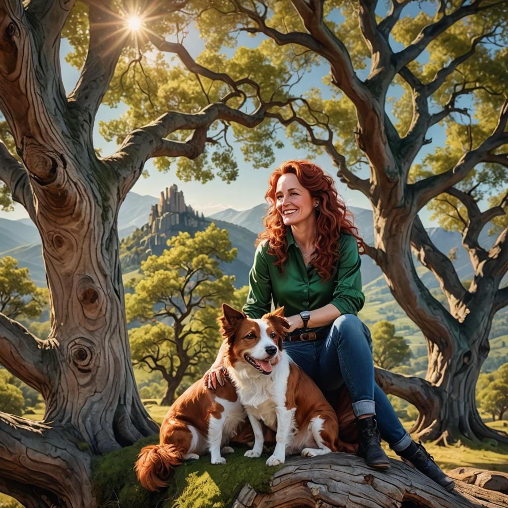 Woman with Dog in Mountain Landscape, Fantasy Realism