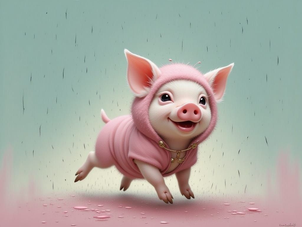 Baby Piglet in Raincoat, Pastel Colors, Digital Art