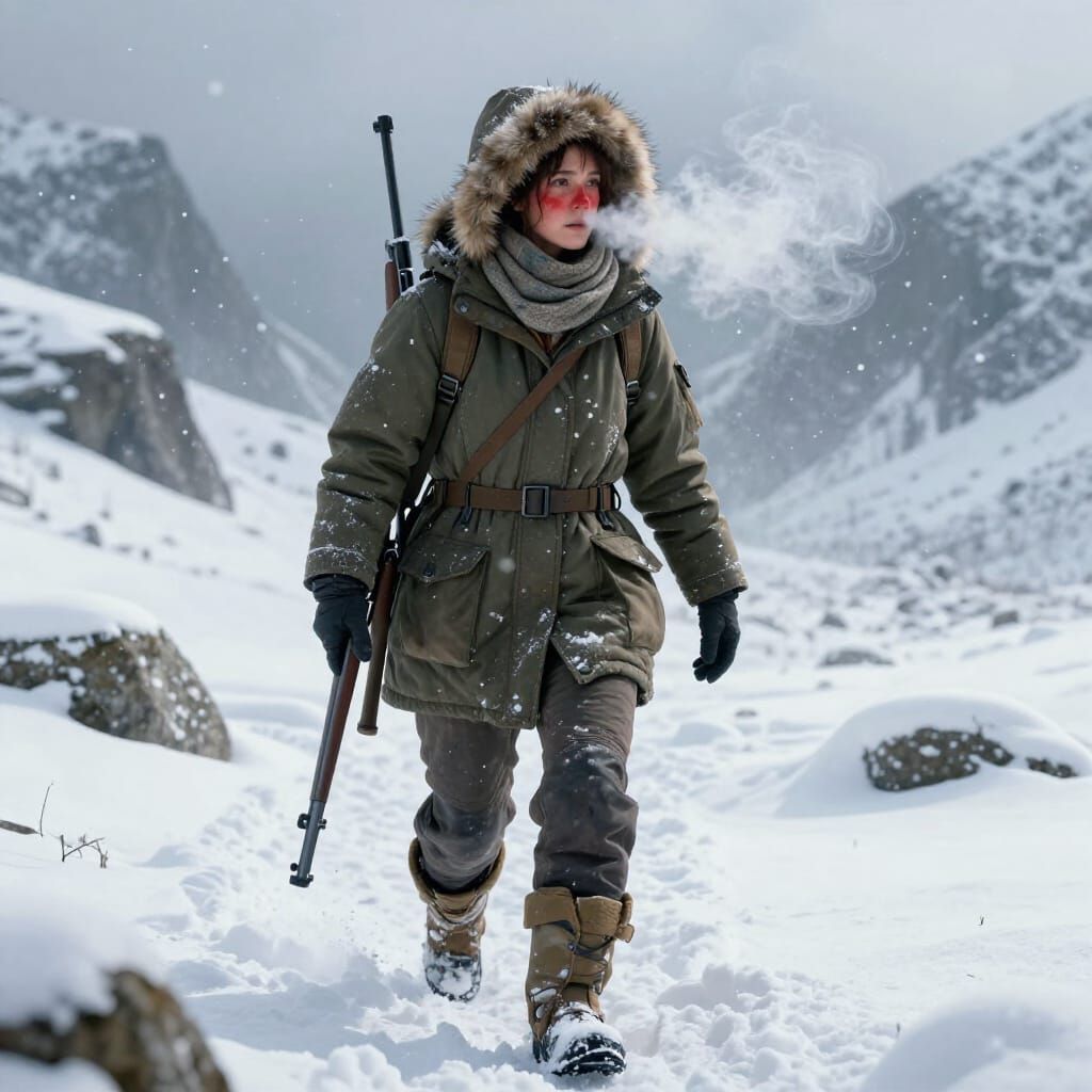 Survivor Trekking Through Blizzard in Mountain Pass