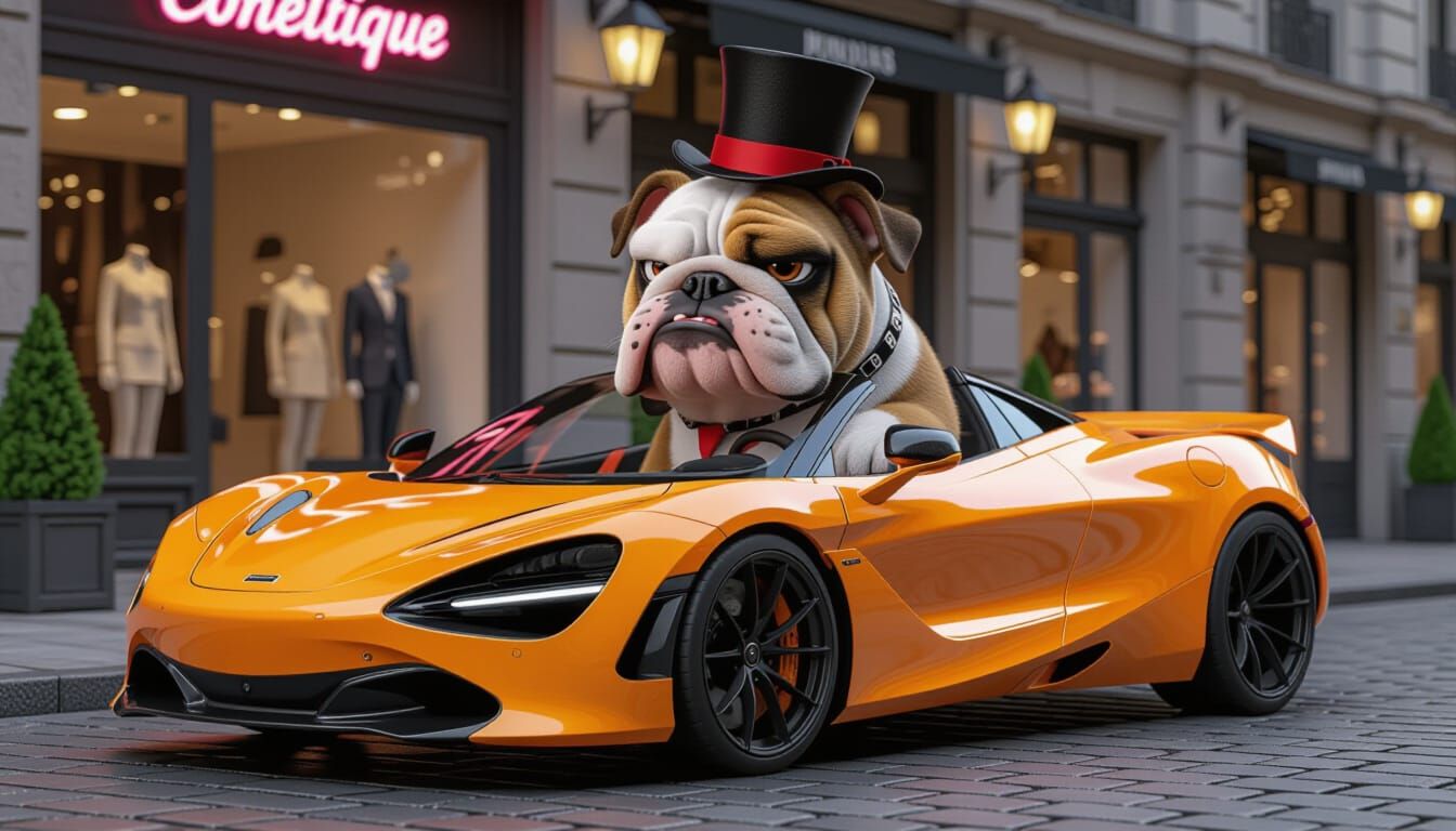 Grumpy Bulldog Drives McLaren in Cartoon Style