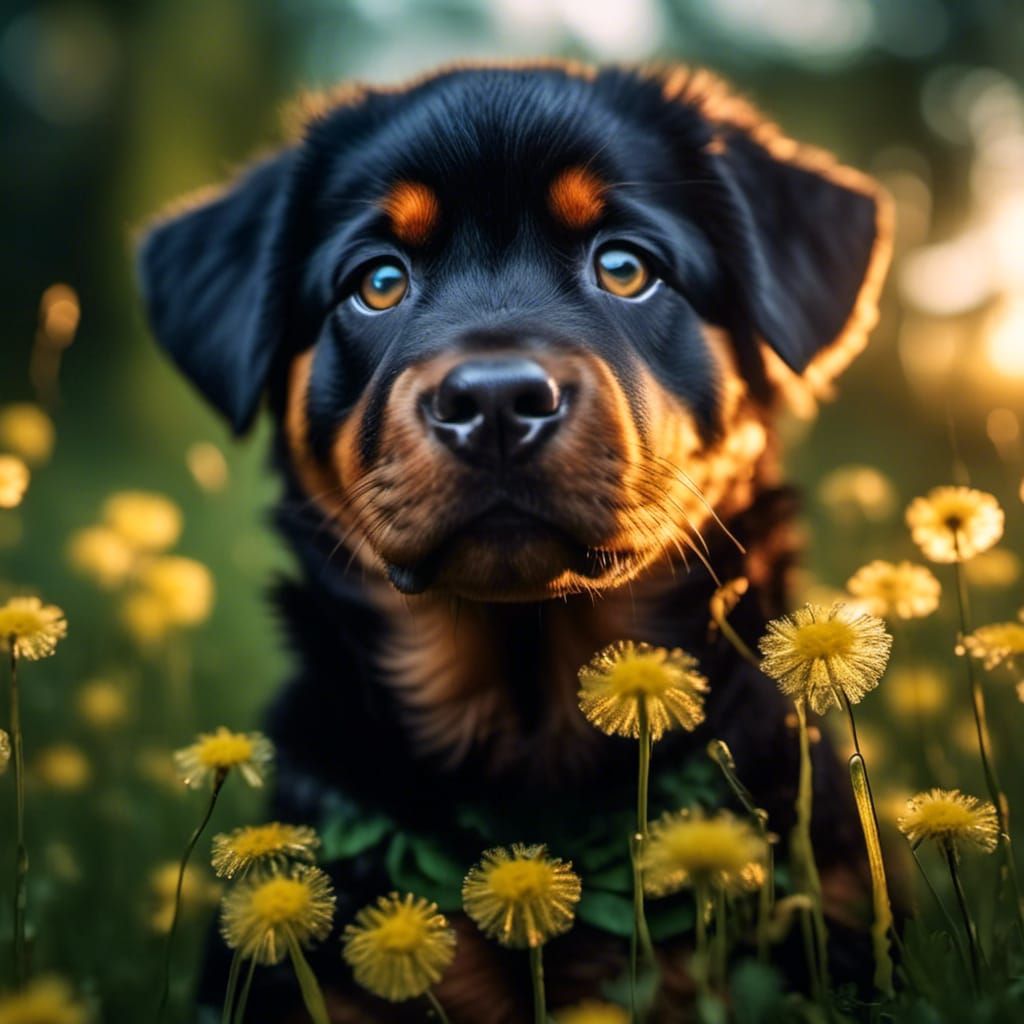 Chibi Rottweiler Puppy Portrait in Bioluminescent Forest