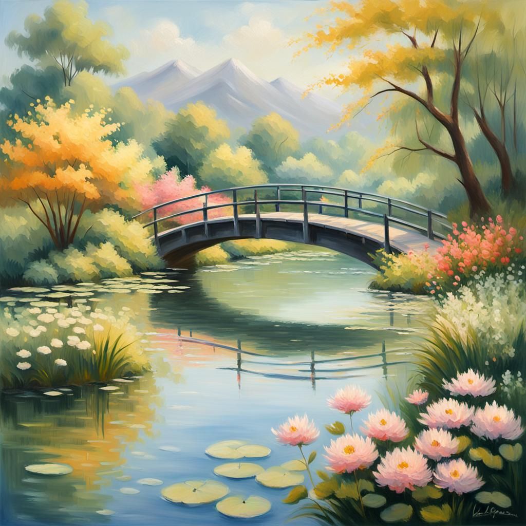 Impressionist Japanese Footbridge in Golden Light