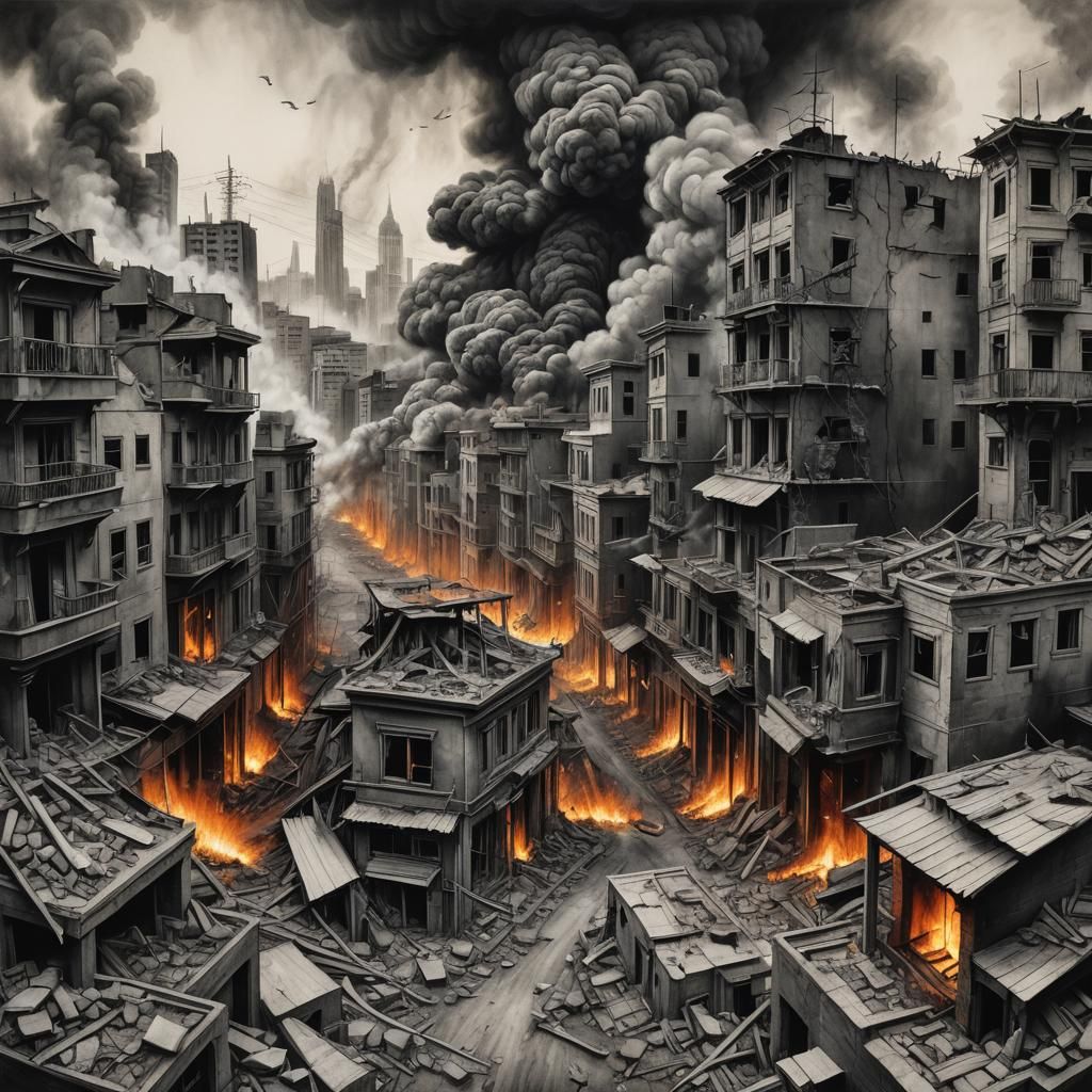 Earthquake Aftermath: Hyperdetailed Charcoal Cityscape