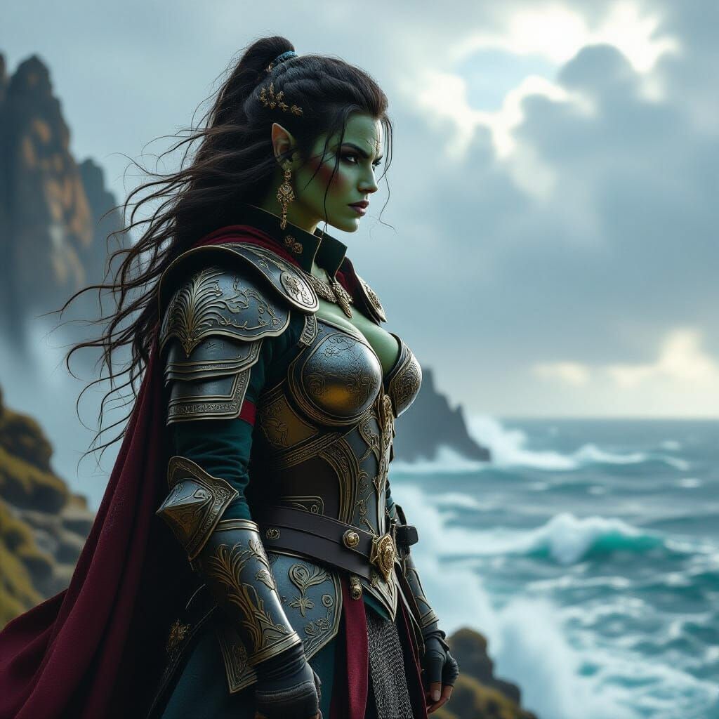Half-Orc Warrior on Cliff Overlooking Stormy Alien Sea