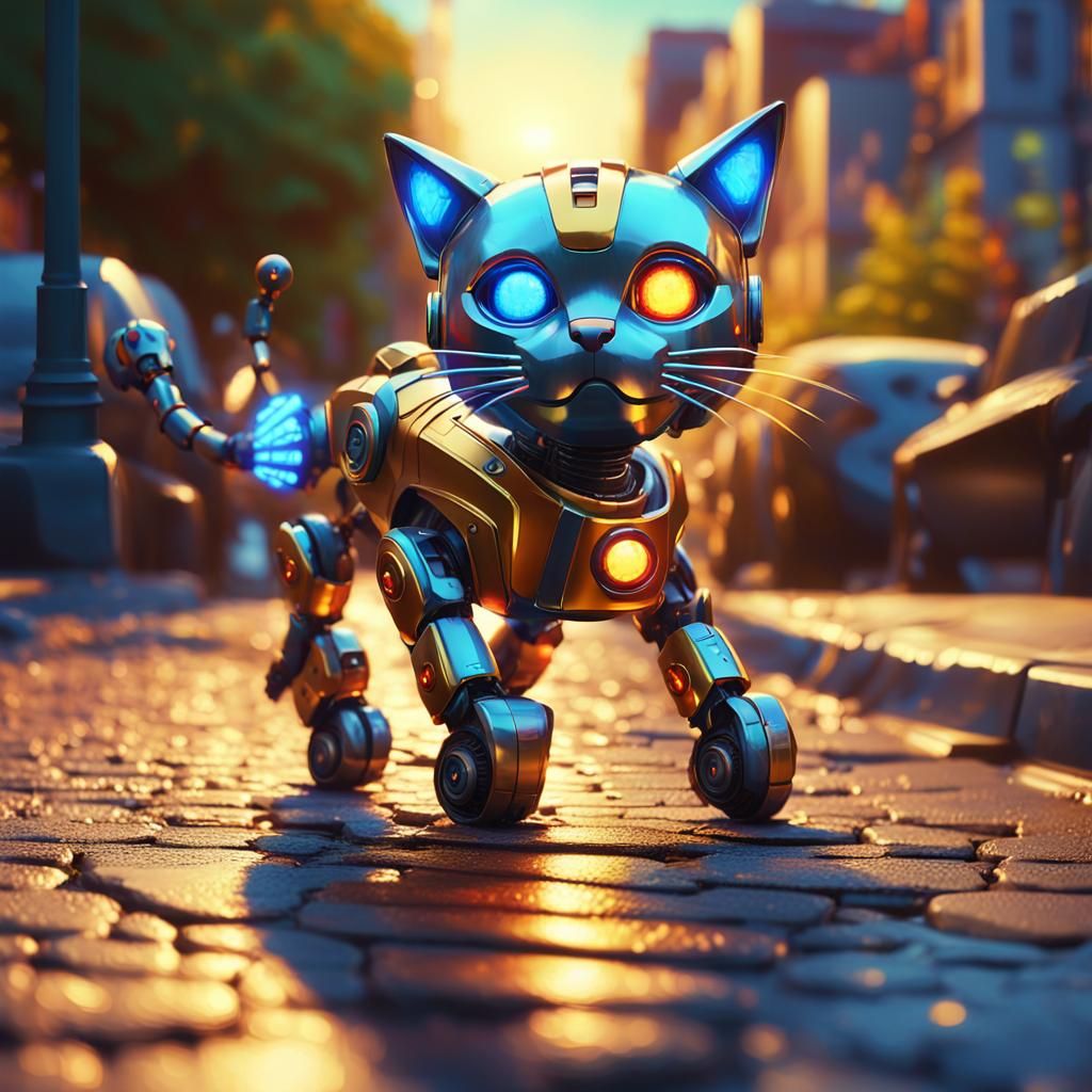 Robot Cat Strolling in Town: Vibrant Digital Art