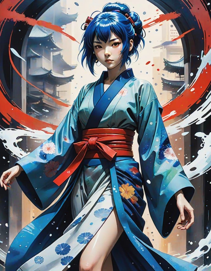 Anime Geisha in Vortex of Swirling Colors