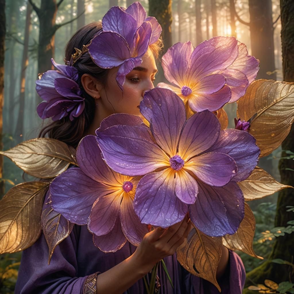 Woman Holds Glowing Flower in Fantasy Landscape